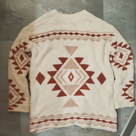 NWOT Warm & Cozy Open Front Cardigan Sweater. Cream, Brown. Geometric. Boho. M. - Picture 8 of 10